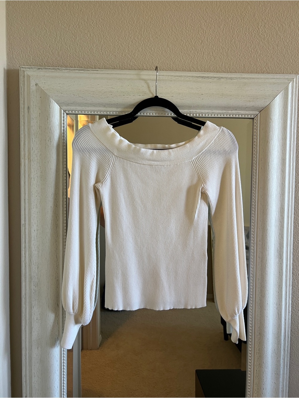 eva mendes for New York & Company Cream Off-the-Shoulder Ribbed Sweater